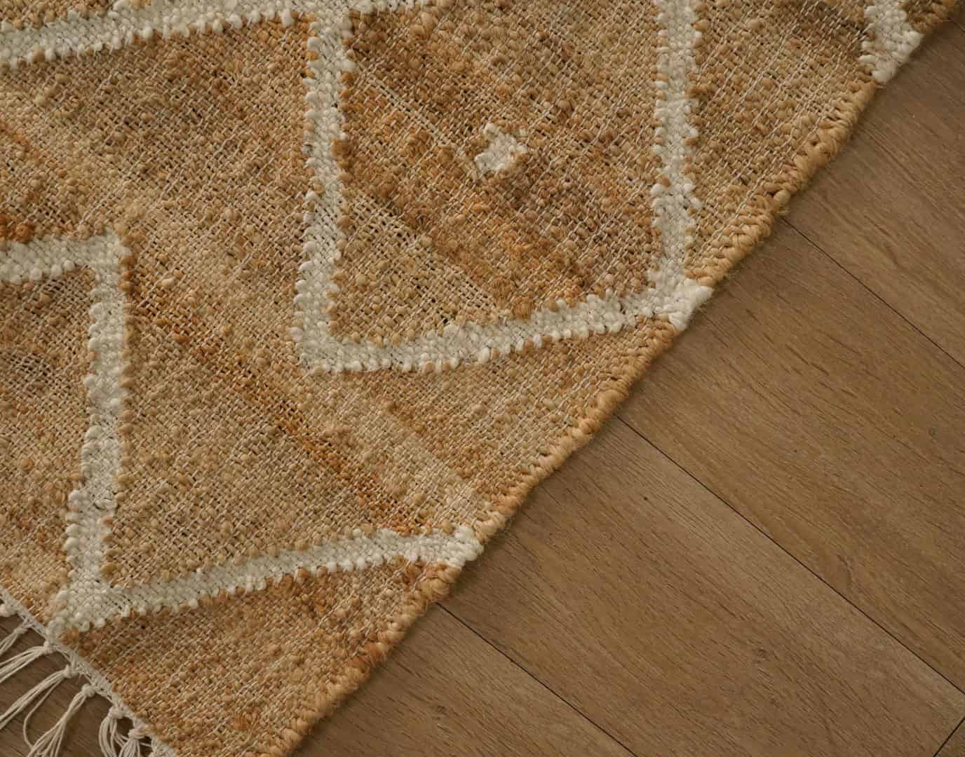 Indian Handmade Cotton Jute Rug Beige Cotton Juna Rug With White Pattern Rug Moroccan Nordic Scandinavian Decor Inspired White Fringes Rug For Living Home  - Image 6