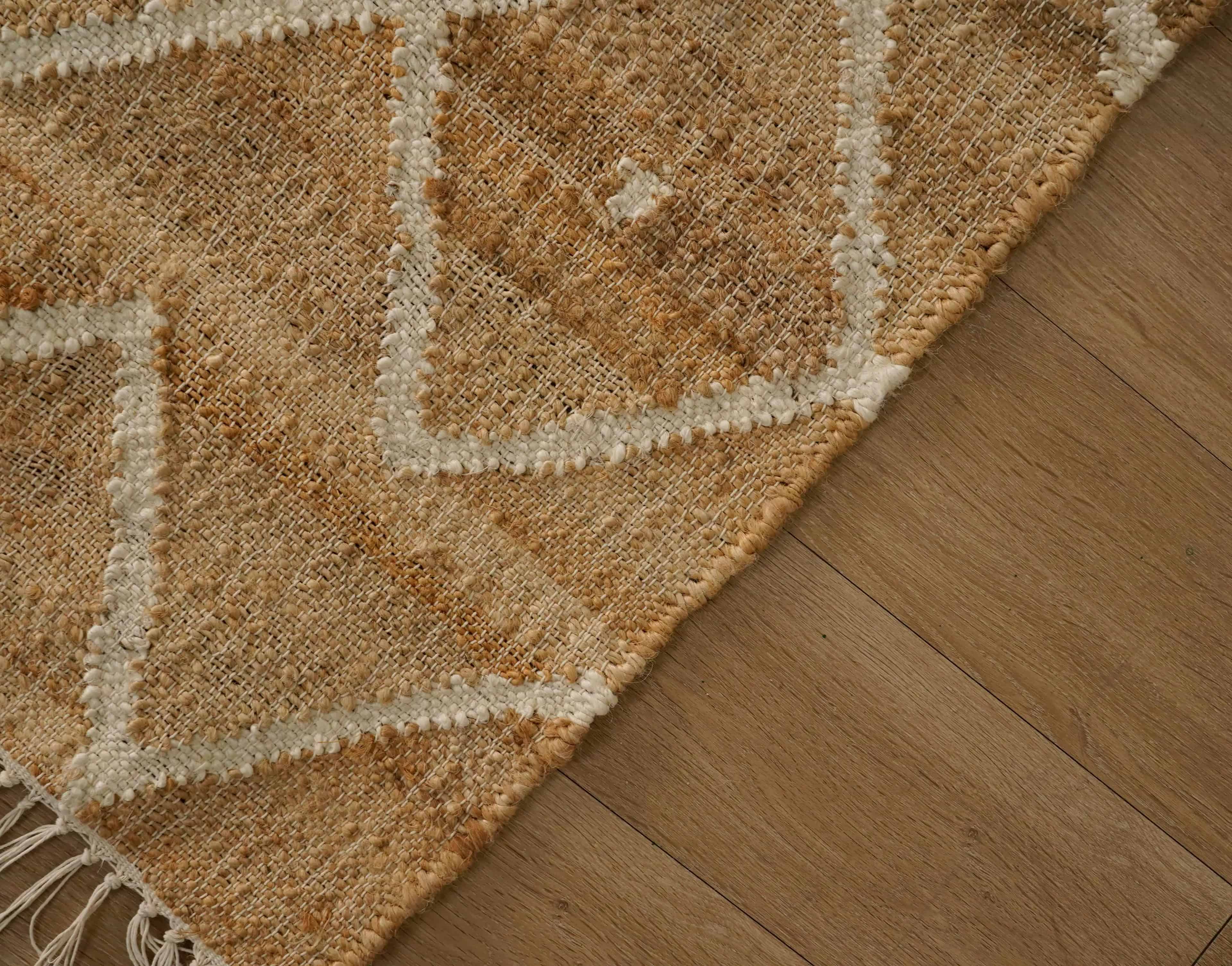 Indian Handmade Cotton Jute Rug Beige Cotton Juna Rug With White Pattern Rug Moroccan Nordic Scandinavian Decor Inspired White Fringes Rug For Living Home  - Image 6