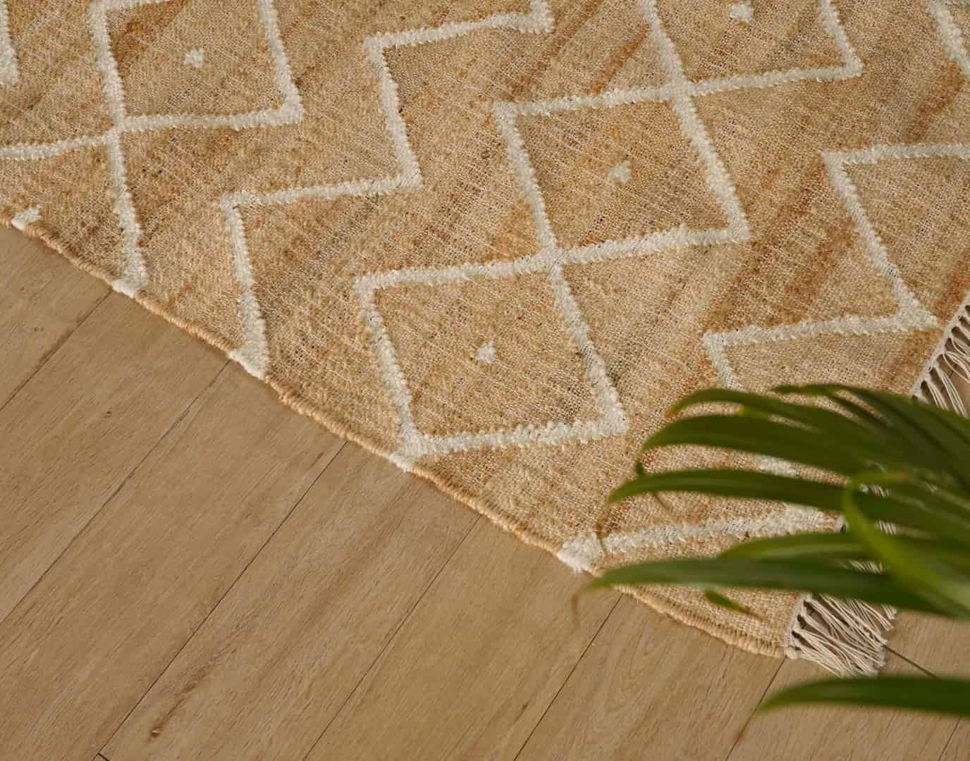 Indian Handmade Cotton Jute Rug Beige Cotton Juna Rug With White Pattern Rug Moroccan Nordic Scandinavian Decor Inspired White Fringes Rug For Living Home  - Image 5