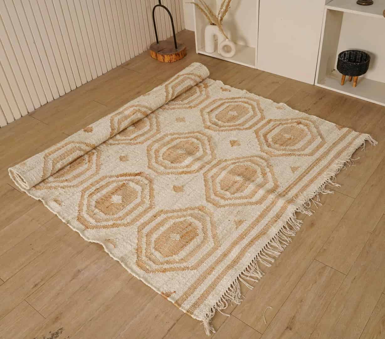 White Rug and Beige Design Hand Woven Moroccan Inspired Bohemian Jute and Cotton Rug Vintage Large Area Jute Rug For Living Room Decor Rug White Fringes Jute Rug  - Image 3