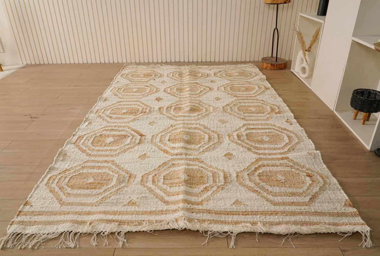White Rug and Beige Design Hand Woven Moroccan Inspired Bohemian Jute and Cotton Rug Vintage Large Area Jute Rug For Living Room Decor Rug White Fringes Jute Rug  - Image 2