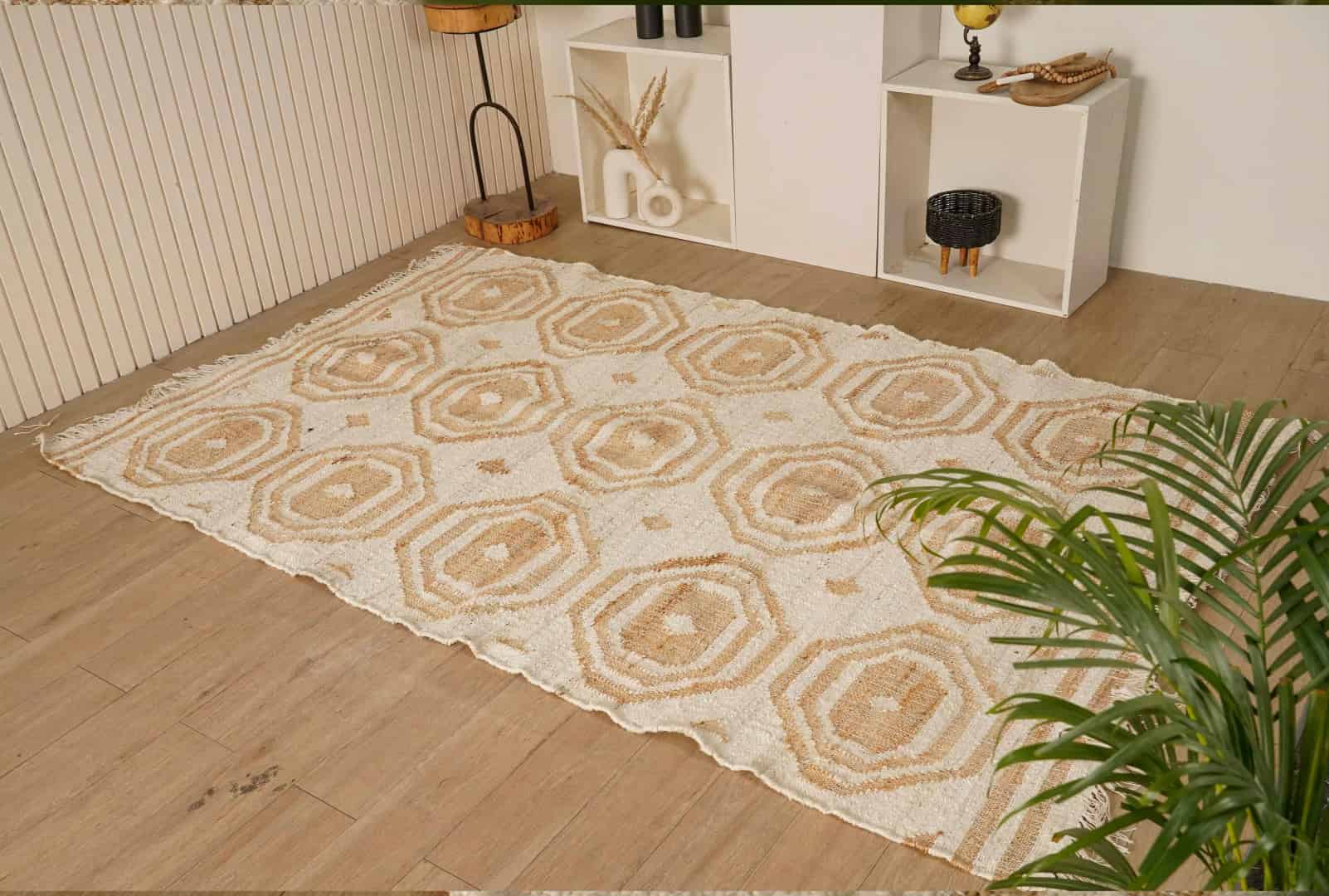 White Rug and Beige Design Hand Woven Moroccan Inspired Bohemian Jute and Cotton Rug Vintage Large Area Jute Rug For Living Room Decor Rug White Fringes Jute Rug  - Image 1