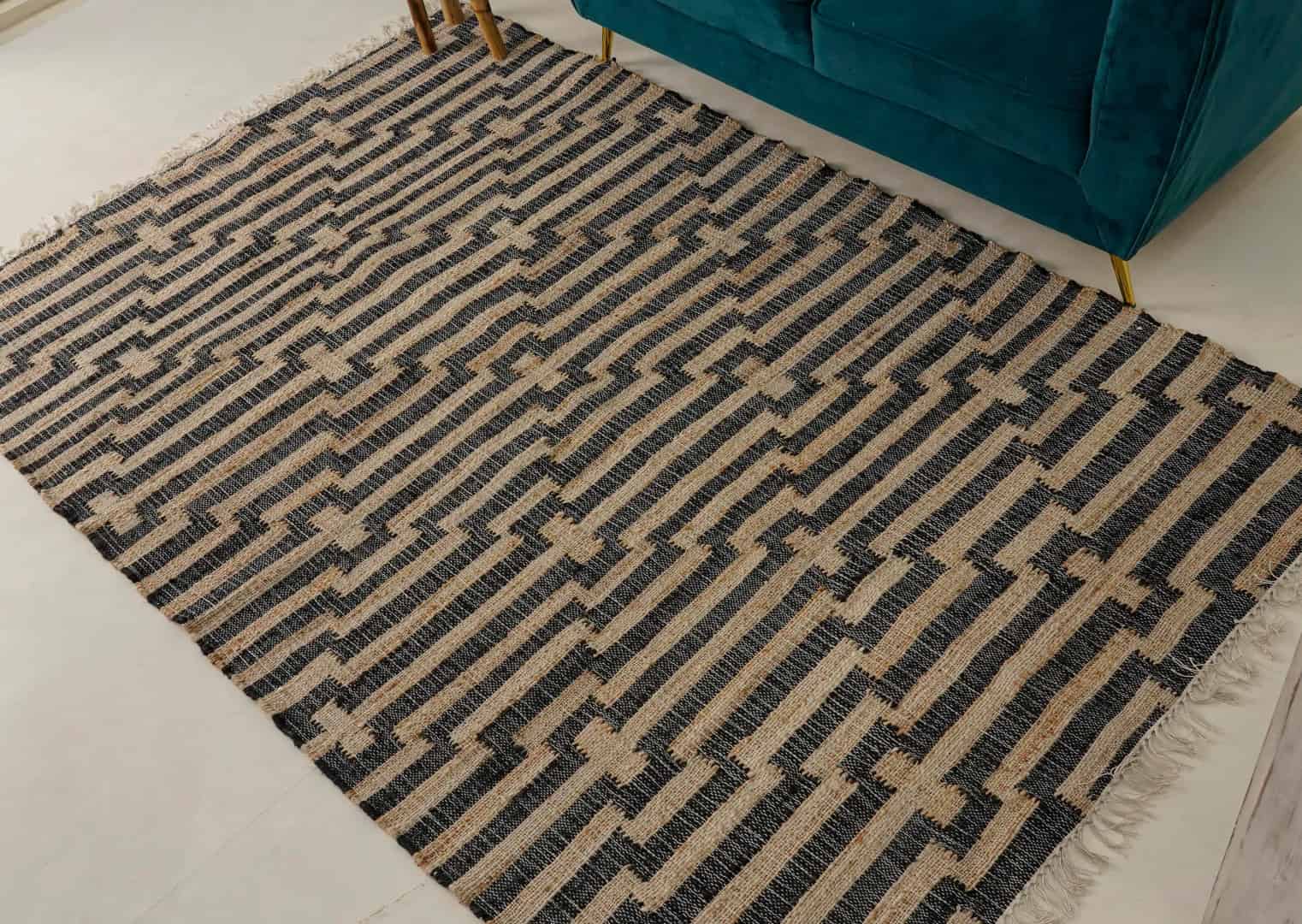 Indian Handmade Cotton Jute Rug Boho Scandinavian Decor Beige Jute Rug With Black Striped Line Design Rug White Fringes Jute Area Rug For Living Decor Home - Image 3