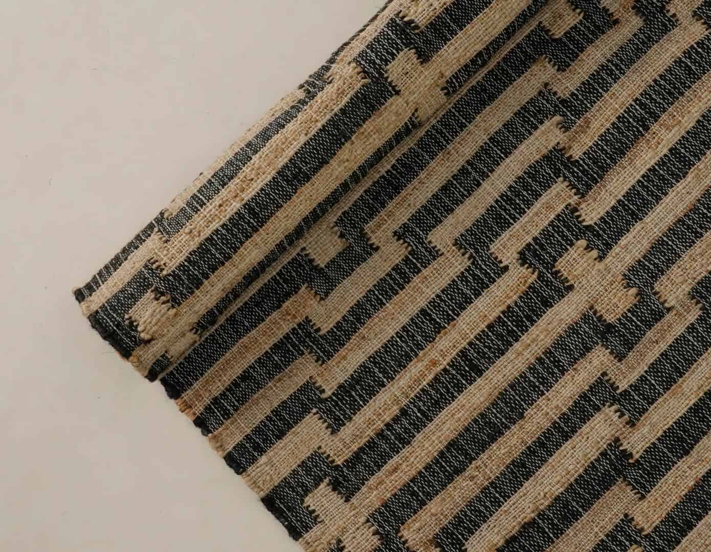 Indian Handmade Cotton Jute Rug Boho Scandinavian Decor Beige Jute Rug With Black Striped Line Design Rug White Fringes Jute Area Rug For Living Decor Home - Image 5