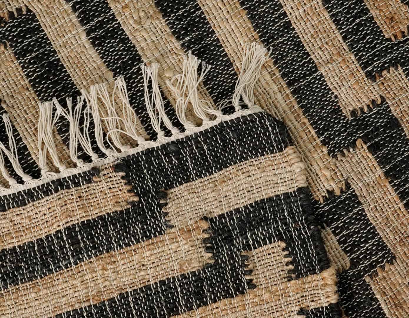 Indian Handmade Cotton Jute Rug Boho Scandinavian Decor Beige Jute Rug With Black Striped Line Design Rug White Fringes Jute Area Rug For Living Decor Home - Image 7