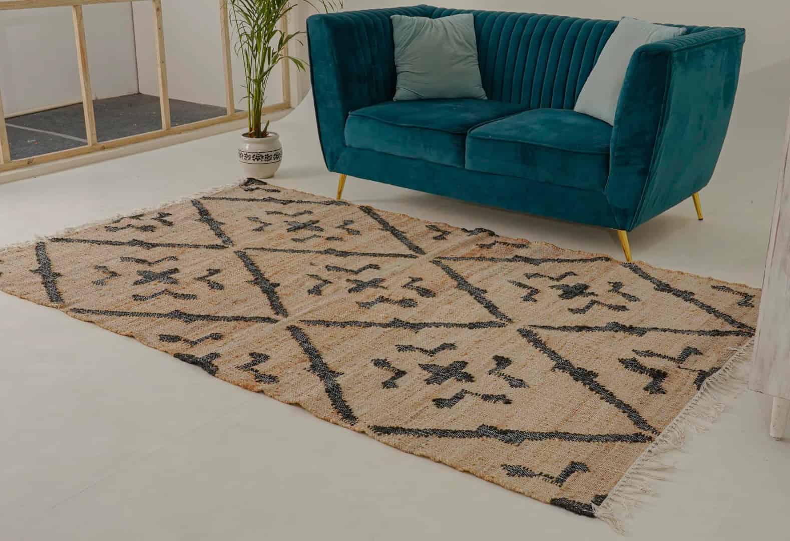 Beige Cotton Jute Rug With Black Design Rug Handwoven Boho Rug Vintage Large Dhurrie Rug White Fringes Jute Rug Home Decor Rug Moroccan Jute Rug  - Image 1