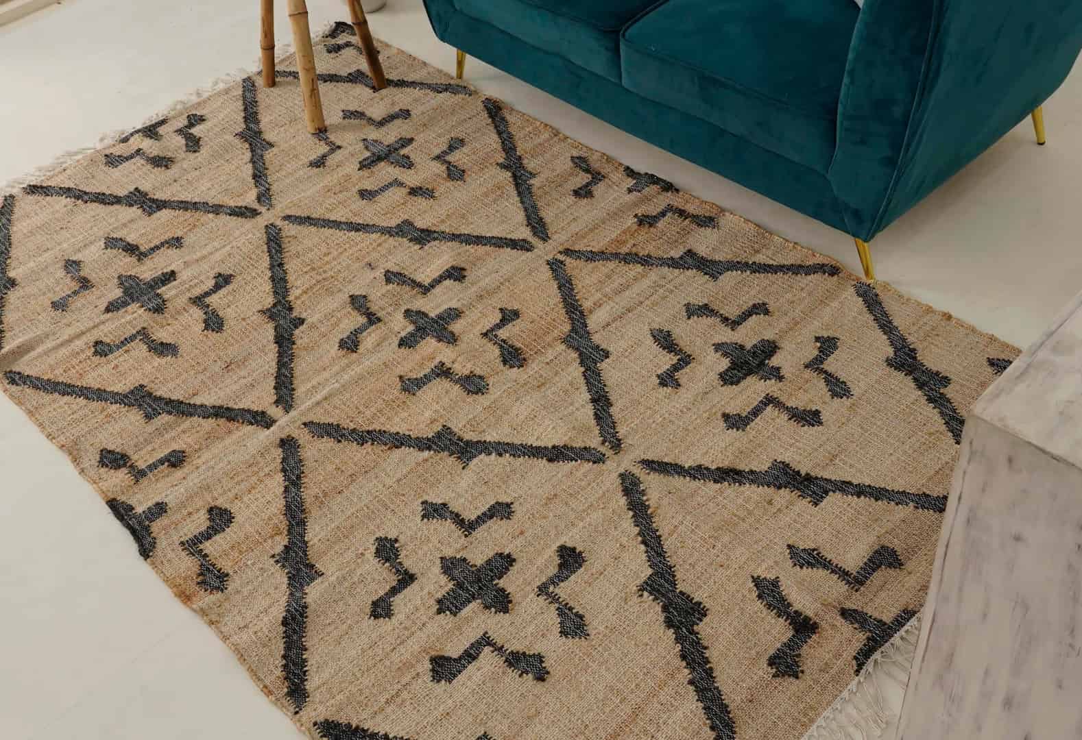 Beige Cotton Jute Rug With Black Design Rug Handwoven Boho Rug Vintage Large Dhurrie Rug White Fringes Jute Rug Home Decor Rug Moroccan Jute Rug  - Image 3