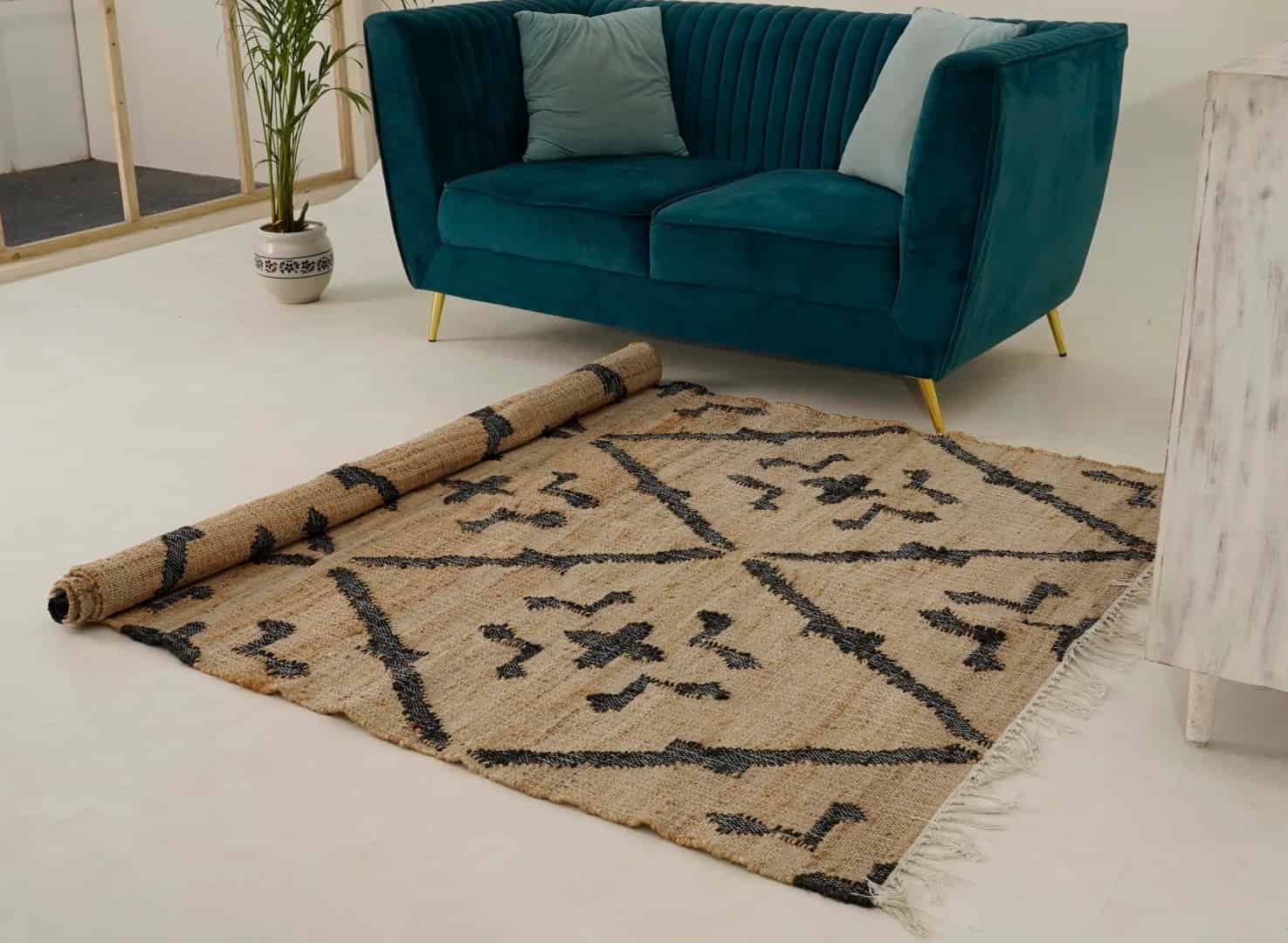 Beige Cotton Jute Rug With Black Design Rug Handwoven Boho Rug Vintage Large Dhurrie Rug White Fringes Jute Rug Home Decor Rug Moroccan Jute Rug  - Image 4