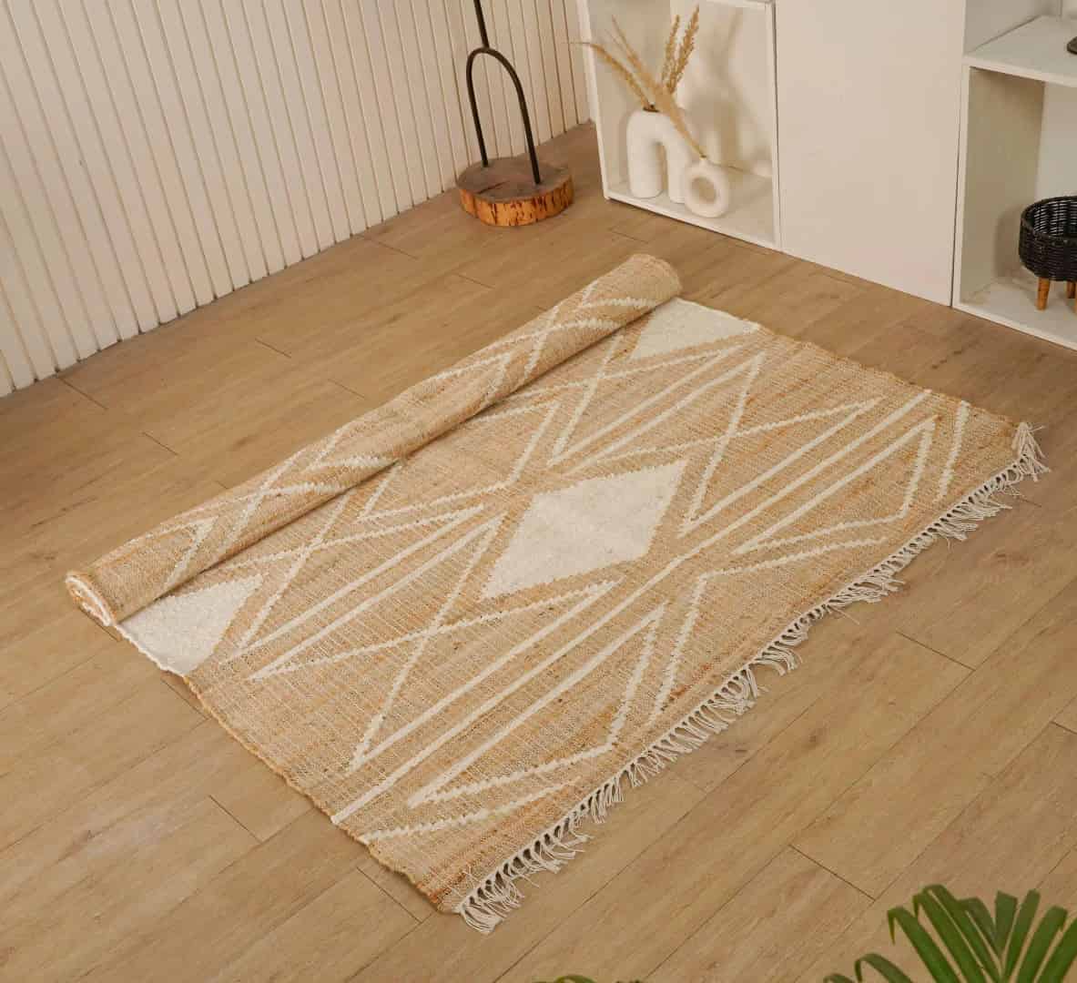 Natural Jute Beige Rug With White Design High Quality Hand Woven Geometric Boho Style Rug Large Area Rug Vintage Jute Rug White Fringes Jute Rug Decor Home Rug  - Image 2