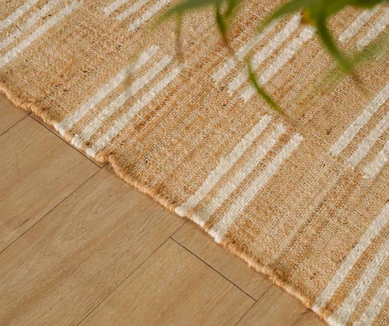 Indian Handwoven Beige Jute Rug With White Stirpes Line Design Decor Rug Vintage jute Area Rug For Living Room Decor Rug Large Area Cotton Jute Dhurrie Rug White Fringes Rug  - Image 7