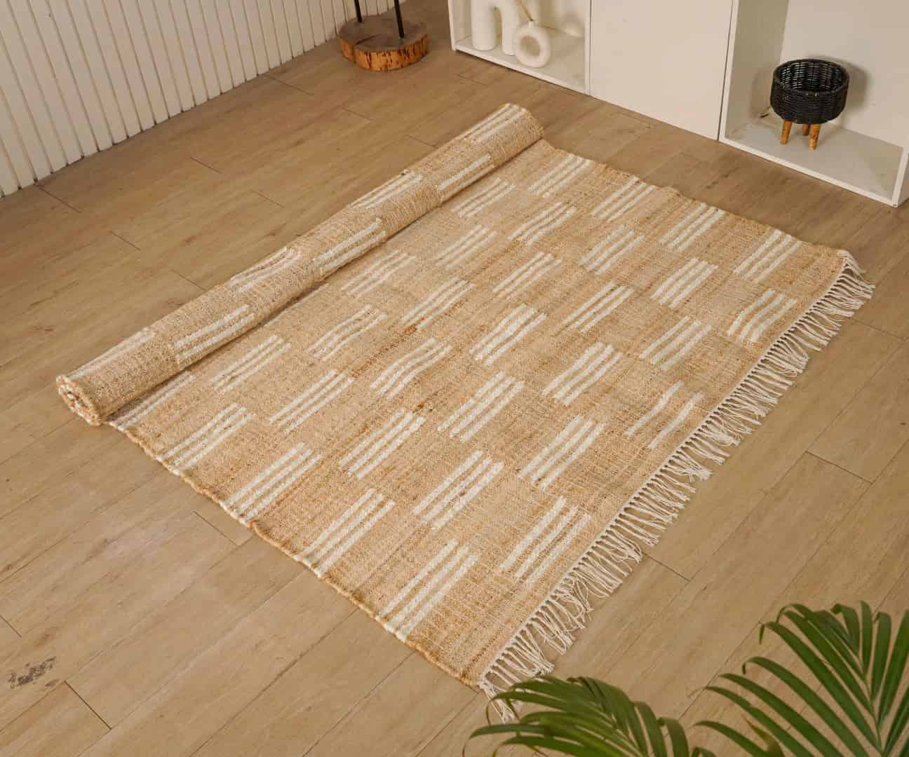 Indian Handwoven Beige Jute Rug With White Stirpes Line Design Decor Rug Vintage jute Area Rug For Living Room Decor Rug Large Area Cotton Jute Dhurrie Rug White Fringes Rug  - Image 2