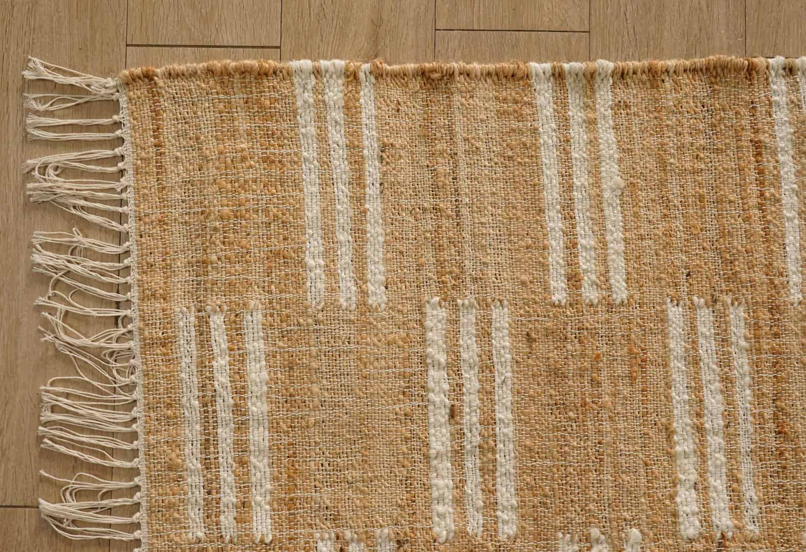 Indian Handwoven Beige Jute Rug With White Stirpes Line Design Decor Rug Vintage jute Area Rug For Living Room Decor Rug Large Area Cotton Jute Dhurrie Rug White Fringes Rug  - Image 4