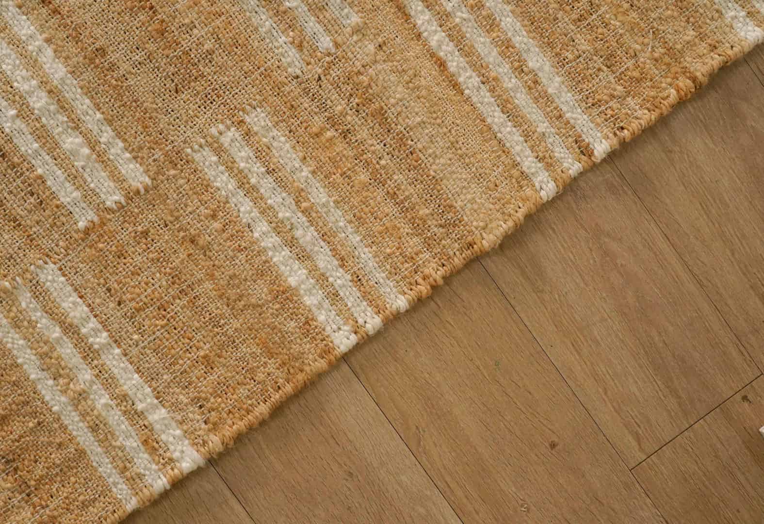 Indian Handwoven Beige Jute Rug With White Stirpes Line Design Decor Rug Vintage jute Area Rug For Living Room Decor Rug Large Area Cotton Jute Dhurrie Rug White Fringes Rug  - Image 6