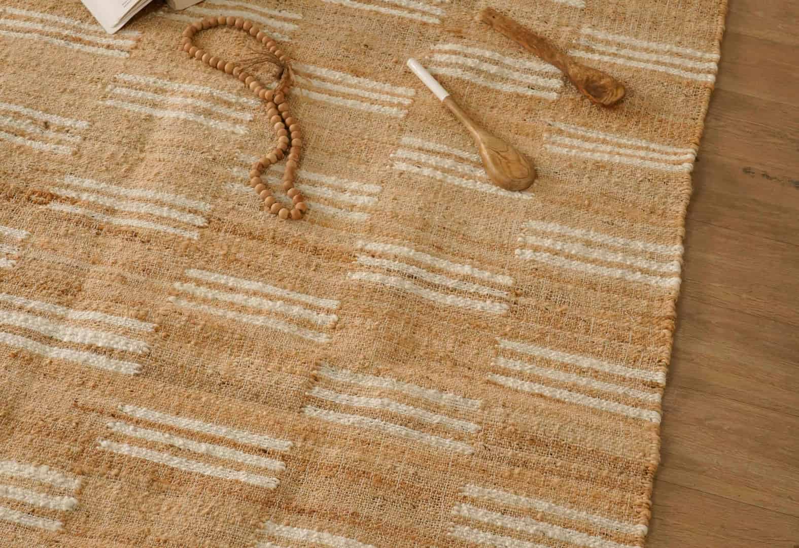 Indian Handwoven Beige Jute Rug With White Stirpes Line Design Decor Rug Vintage jute Area Rug For Living Room Decor Rug Large Area Cotton Jute Dhurrie Rug White Fringes Rug  - Image 3