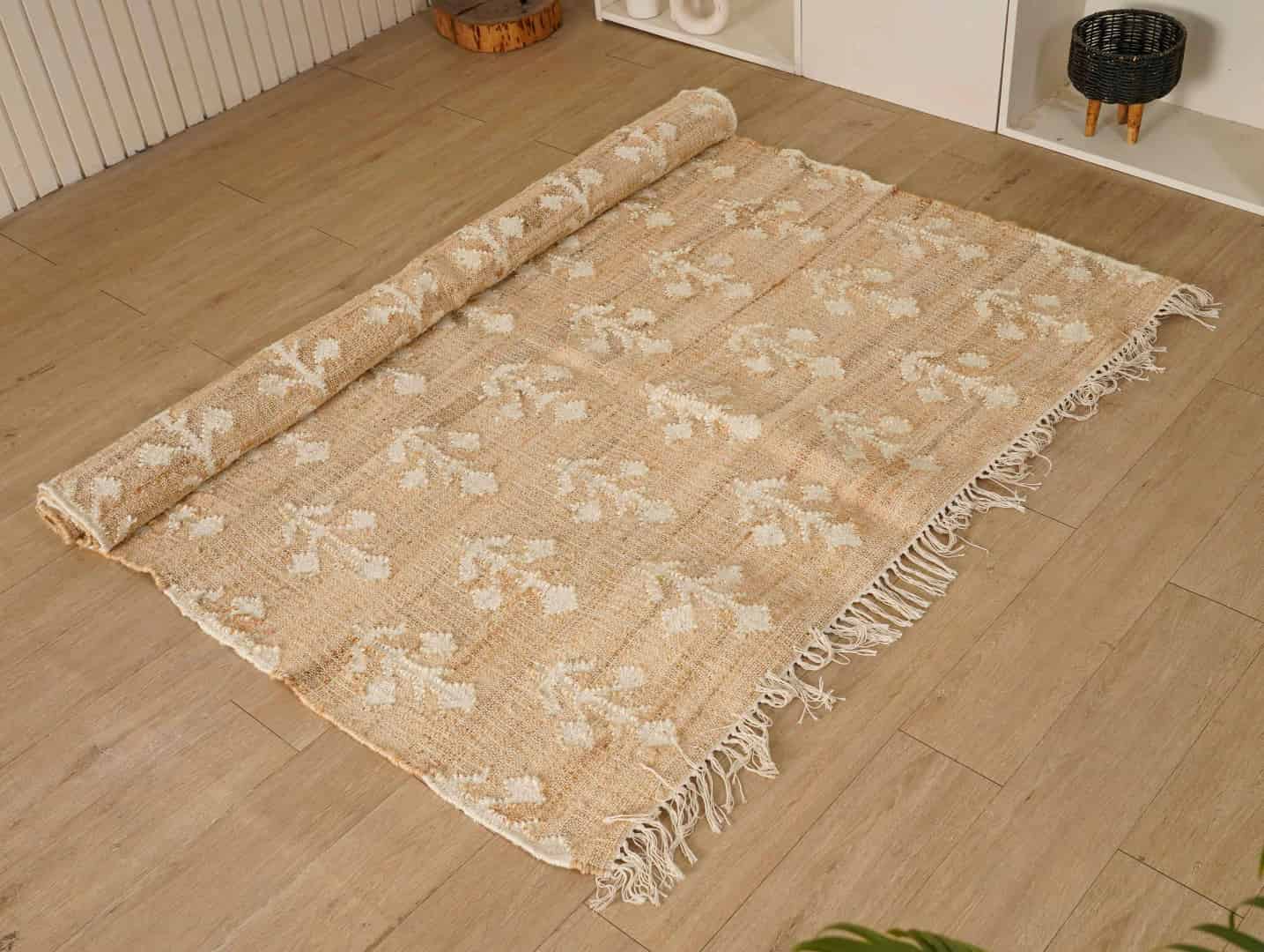 Ivory Flower Natural Jute wool High Quality Hand Woven Premium Quality Boho Style Rug Vintage Jute Large Area Rug White Design Rug and White Fringes Jute Rug  - Image 2