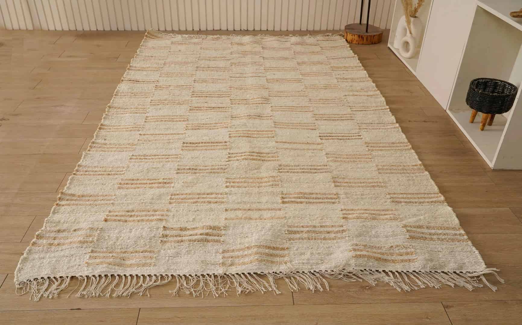 White Cotton Jute Rug With Beige Stripes Design Bohemian Boho Moroccan Rug Hand Woven Decor Large Rug White Fringes Jute Rug For Living Room Decor Rug  - Image 1