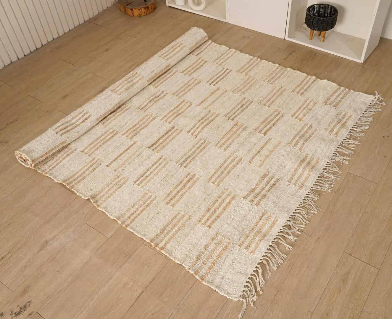 White Cotton Jute Rug With Beige Stripes Design Bohemian Boho Moroccan Rug Hand Woven Decor Large Rug White Fringes Jute Rug For Living Room Decor Rug  - Image 4