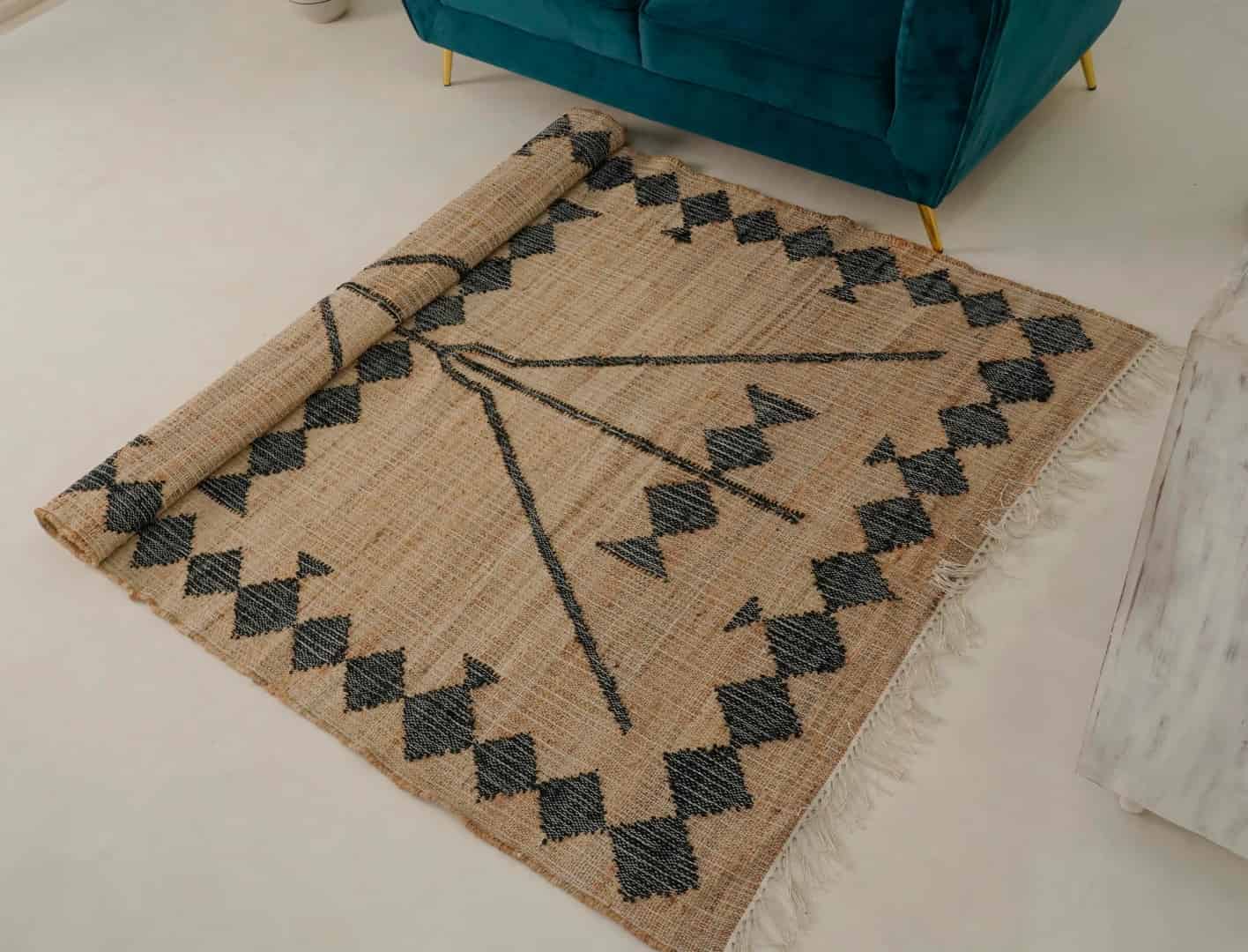 Indian Handwoven Natural Cotton Jute Rug With Black Design Rug Vintage Large Dhurrie Rug For Living Home Decorative Jute Area Rug White Fringes Jute Rug White Fringes Jute Rug   - Image 2