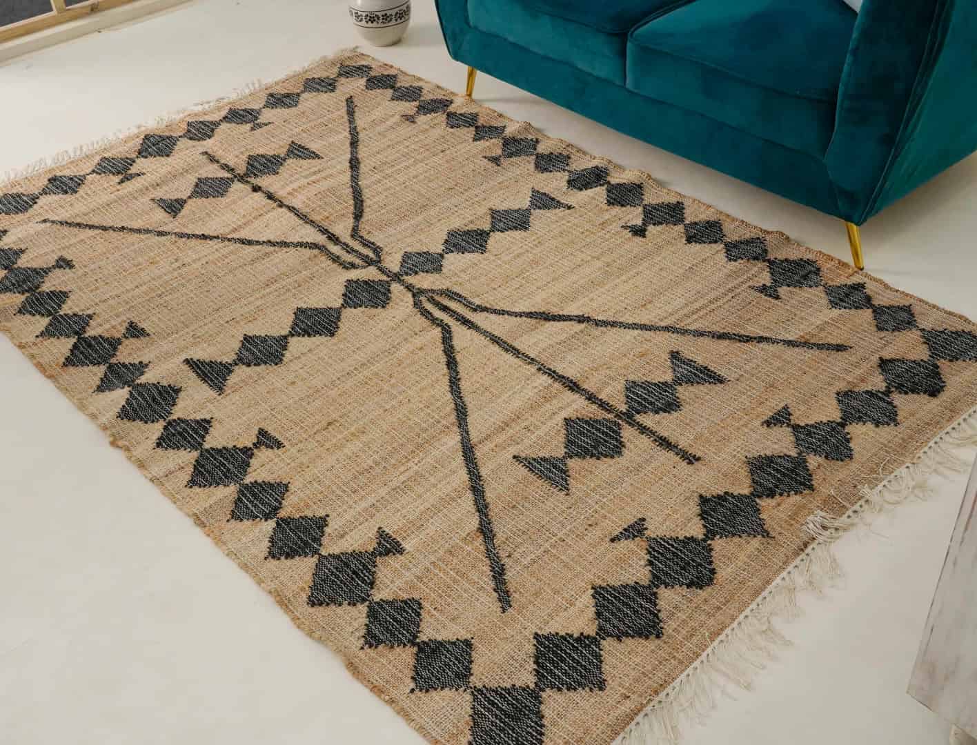 Indian Handwoven Natural Cotton Jute Rug With Black Design Rug Vintage Large Dhurrie Rug For Living Home Decorative Jute Area Rug White Fringes Jute Rug White Fringes Jute Rug   - Image 1