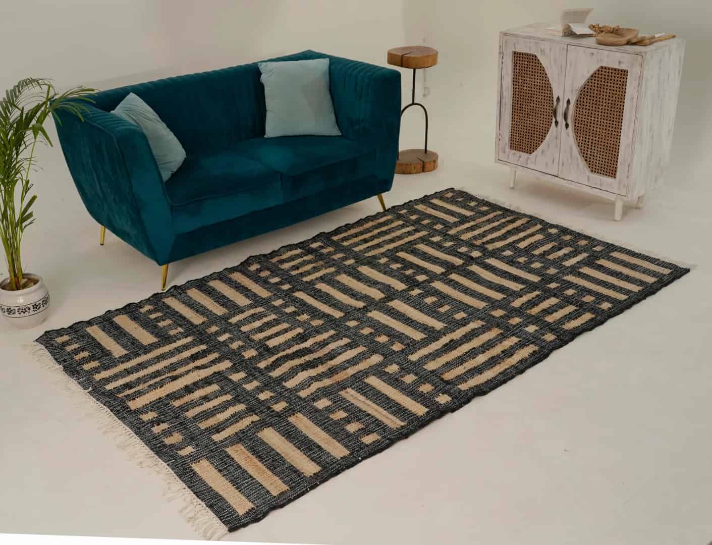 Custom Size Handmade Natural Jute Braided Rectangle Rug With Black Striped Lines Decor Jute Rug Handwoven Cotton Jute Dhurrie Rug For Living Room Decor Rug  - Image 1