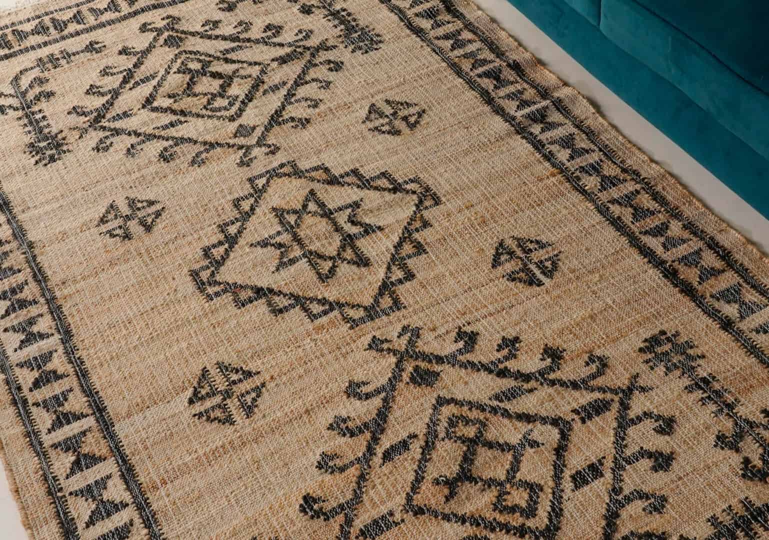 Custom Size Handmade Natural Beige Jute Rectangle Rug with Black Design Living Room Decor Bohemian Jute Carpet Area Rug for Dining Room and White Fringes Jute Rug  - Image 2