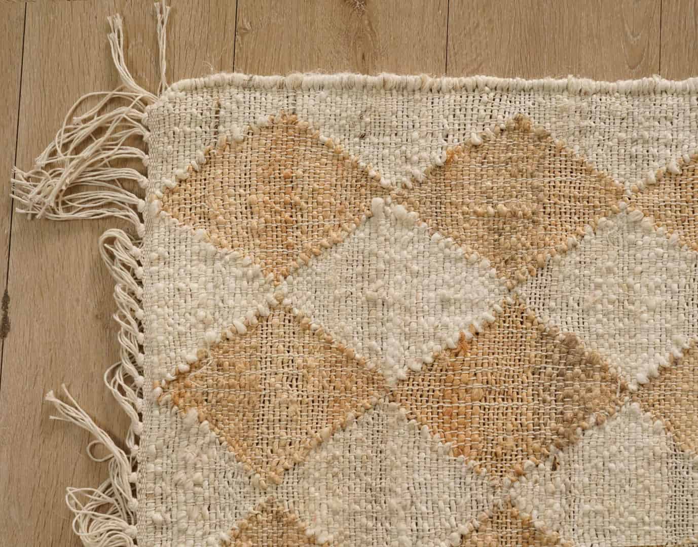 Natural Jute Fiber and Cotton Hand Woven Bohemian Moroccan Inspired Rug White Jute Rug With Beige Diamond Shape Rug Decor Rug White Fringes Jute Rug  - Image 4