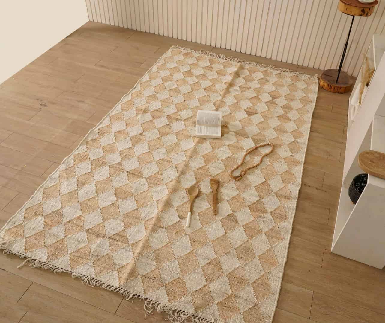 Natural Jute Fiber and Cotton Hand Woven Bohemian Moroccan Inspired Rug White Jute Rug With Beige Diamond Shape Rug Decor Rug White Fringes Jute Rug  - Image 1