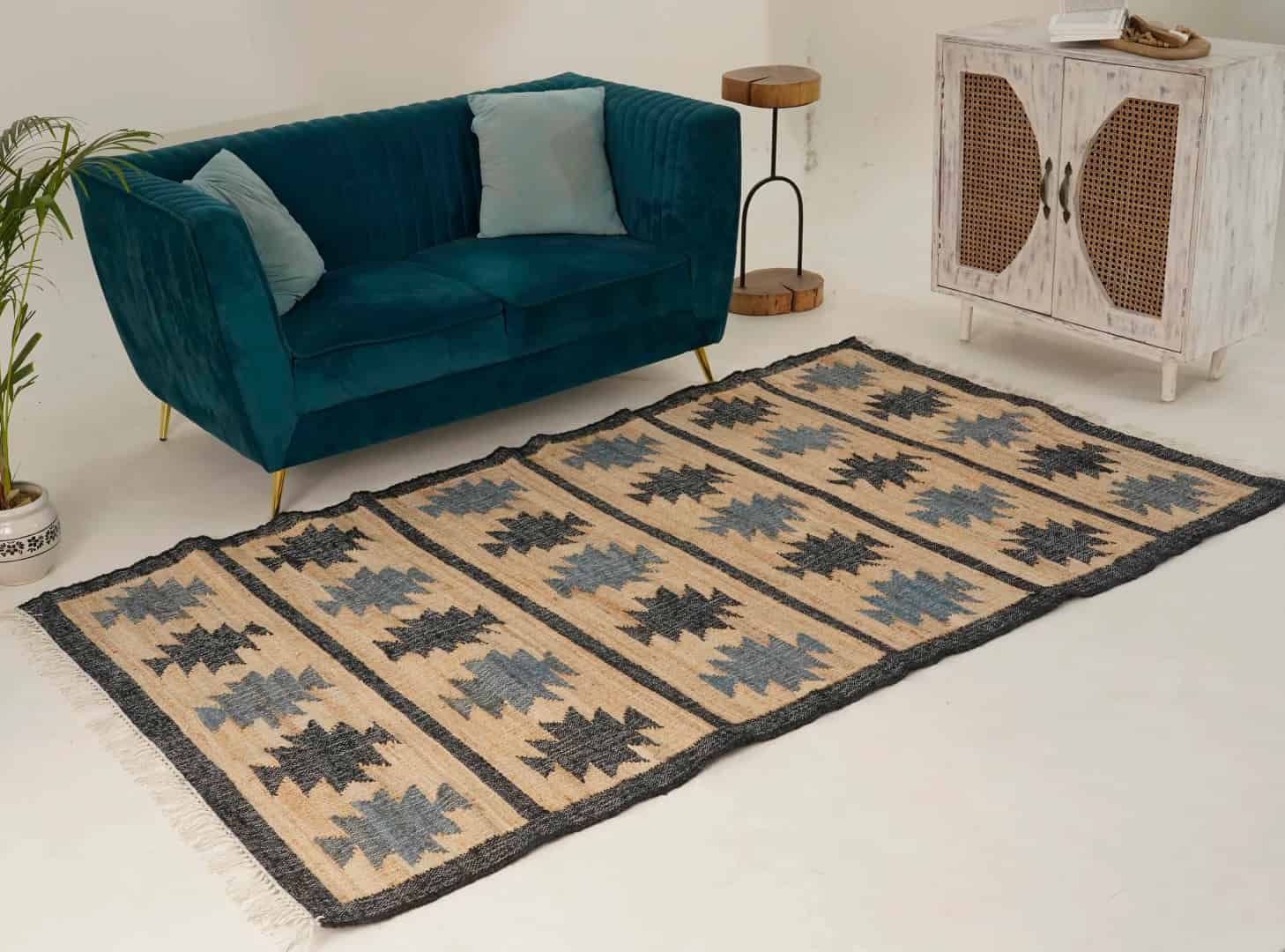 Indian Handwoven Cotton Jute Rug Boho Decor Jute Rug Vintage Jute Rug Hand Woven Bohemian Moroccan Inspired Rug For Living Home Decor Jute Rug White Fringes Jute Rug - Image 1