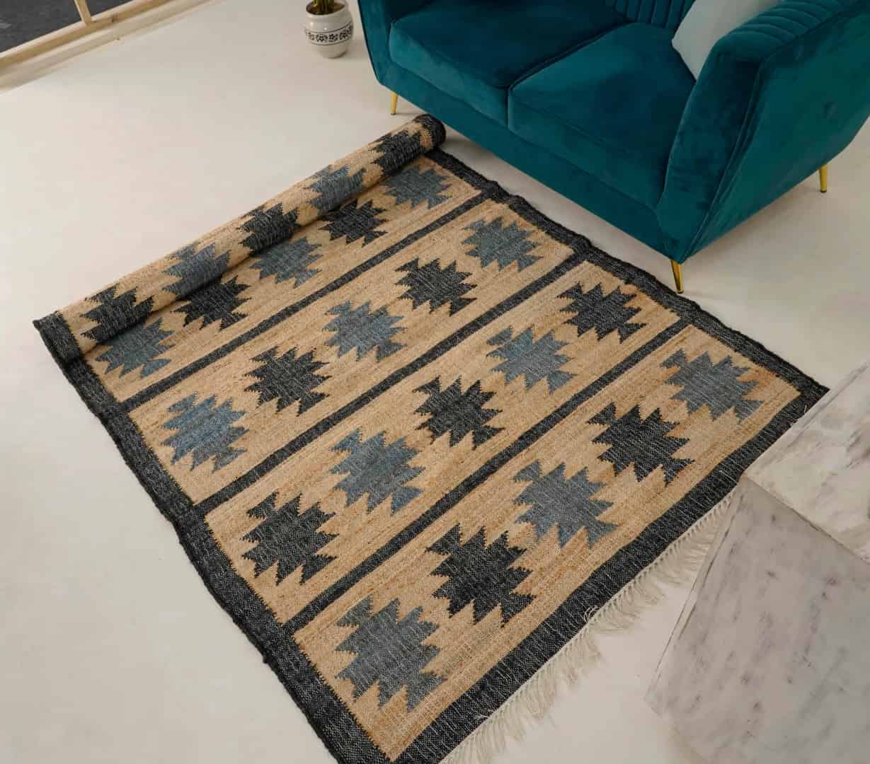 Indian Handwoven Cotton Jute Rug Boho Decor Jute Rug Vintage Jute Rug Hand Woven Bohemian Moroccan Inspired Rug For Living Home Decor Jute Rug White Fringes Jute Rug - Image 3