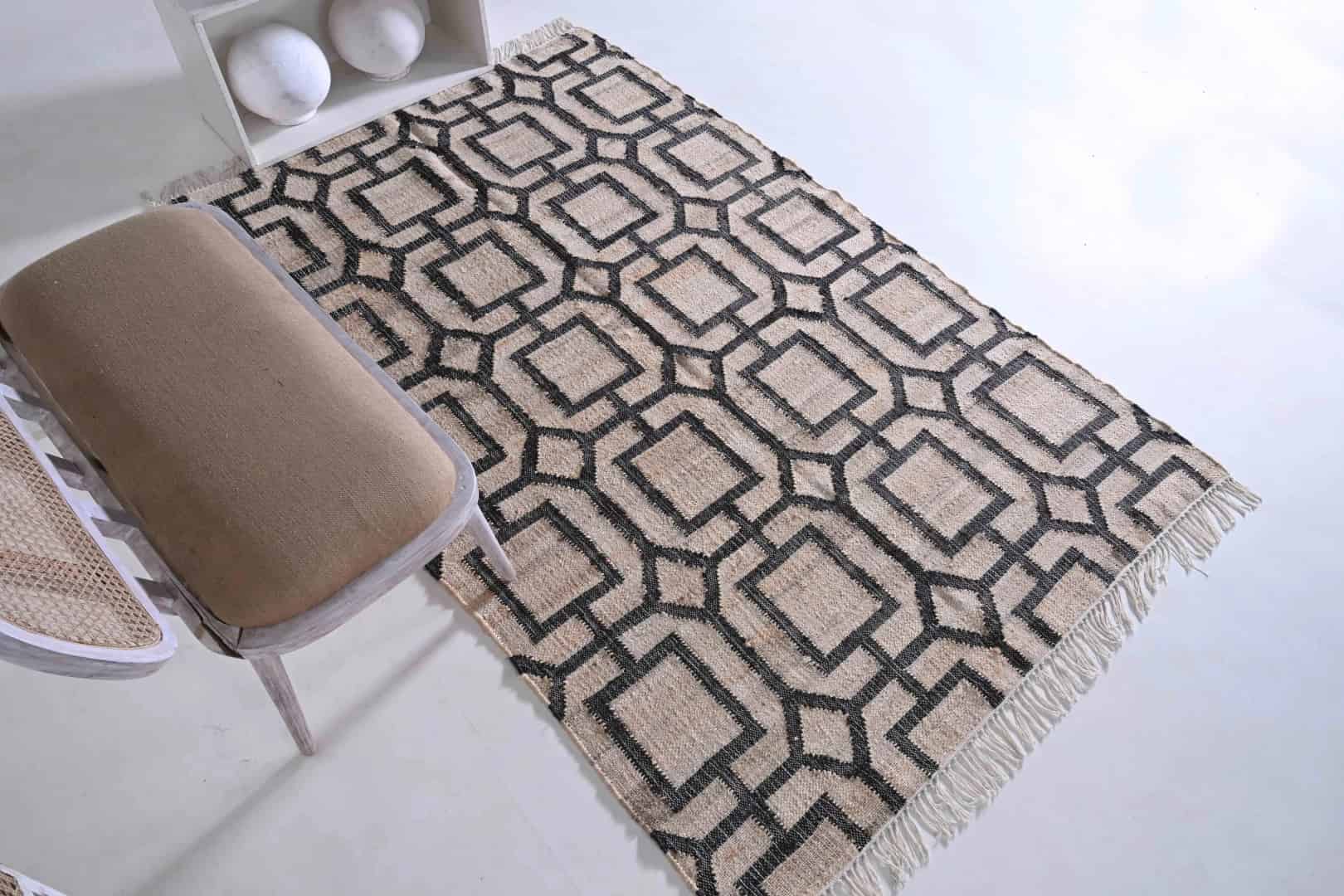 Indian Handmade Cotton Jute Large Area Rug Natural Jute Rug With Black Design Rug Handwoven Jute Rug Vintage Jute Dhurrie Rug White Fringes Jute Rug Decor Jute Rug  - Image 2