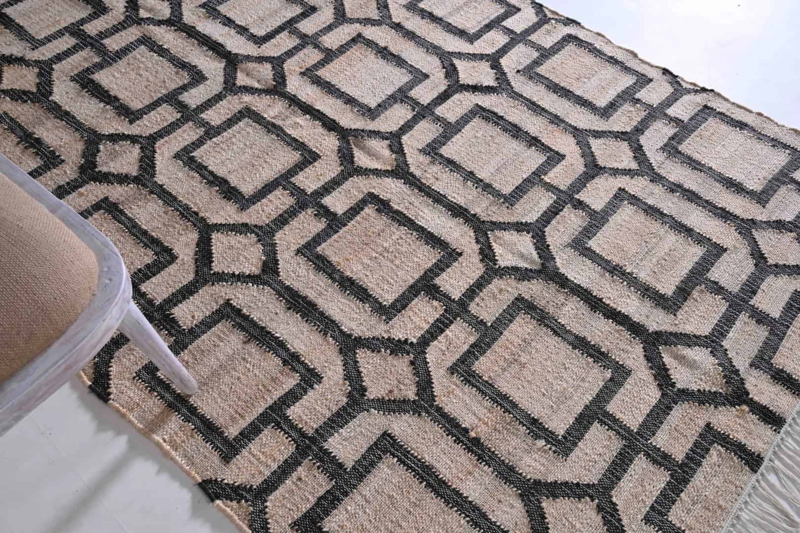 Indian Handmade Cotton Jute Large Area Rug Natural Jute Rug With Black Design Rug Handwoven Jute Rug Vintage Jute Dhurrie Rug White Fringes Jute Rug Decor Jute Rug  - Image 3