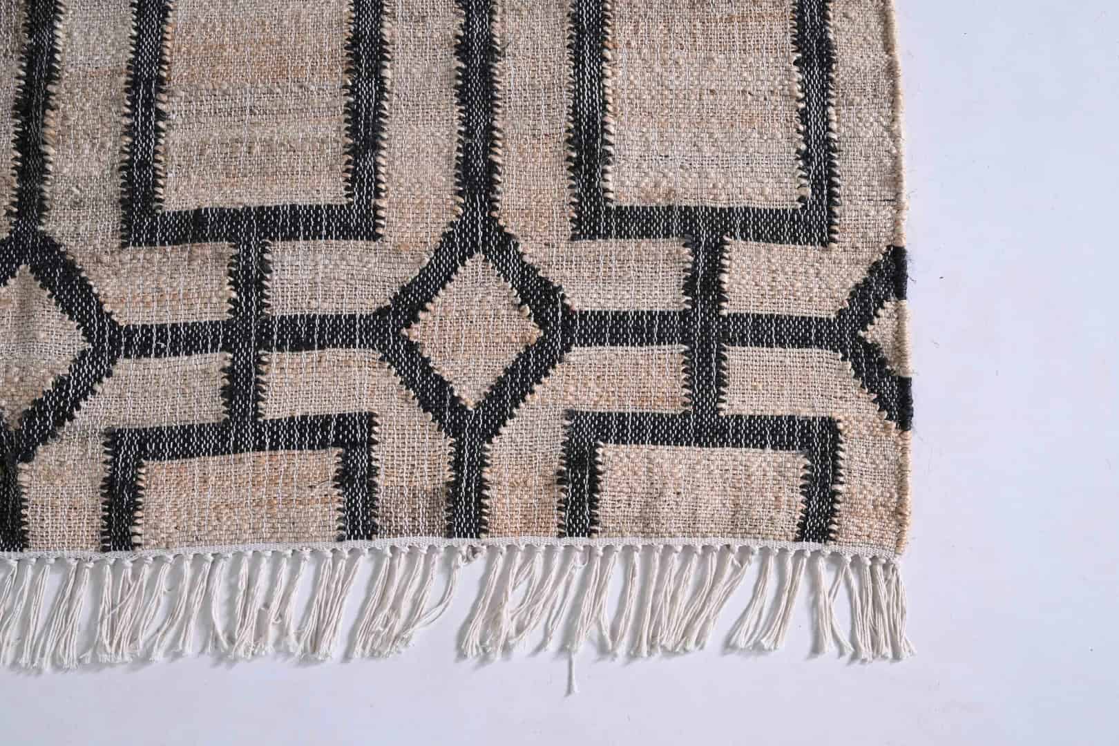 Indian Handmade Cotton Jute Large Area Rug Natural Jute Rug With Black Design Rug Handwoven Jute Rug Vintage Jute Dhurrie Rug White Fringes Jute Rug Decor Jute Rug  - Image 6