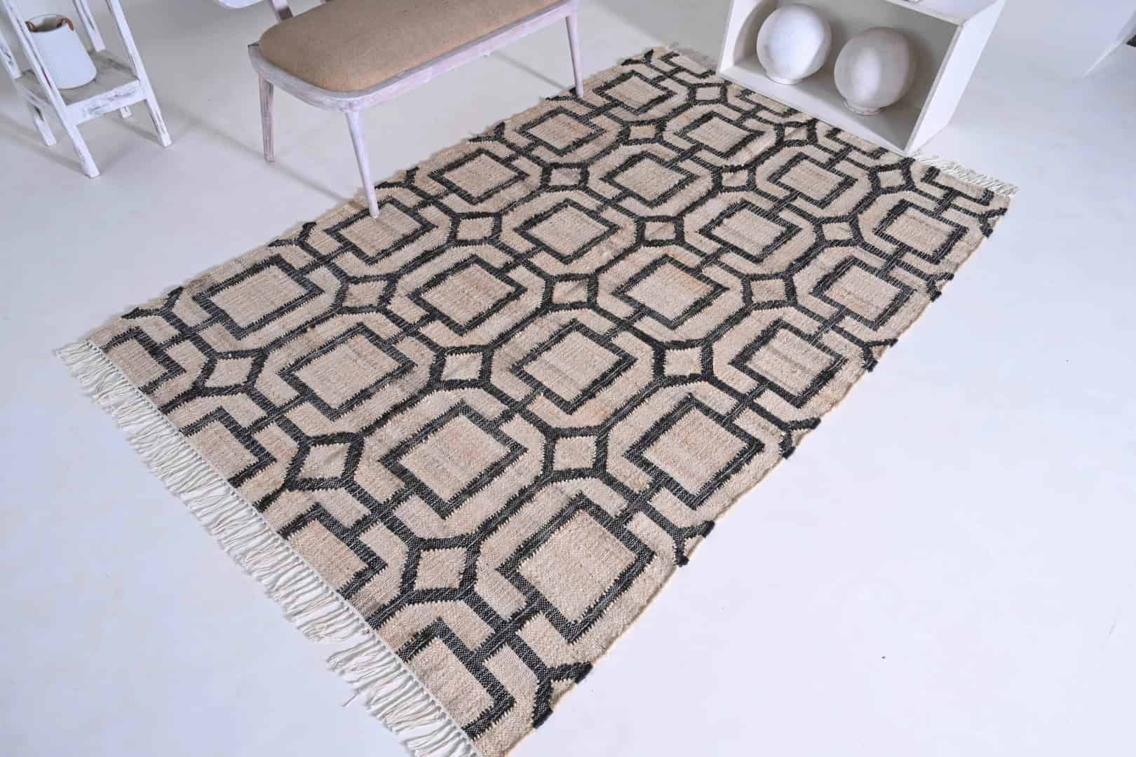 Indian Handmade Cotton Jute Large Area Rug Natural Jute Rug With Black Design Rug Handwoven Jute Rug Vintage Jute Dhurrie Rug White Fringes Jute Rug Decor Jute Rug  - Image 4