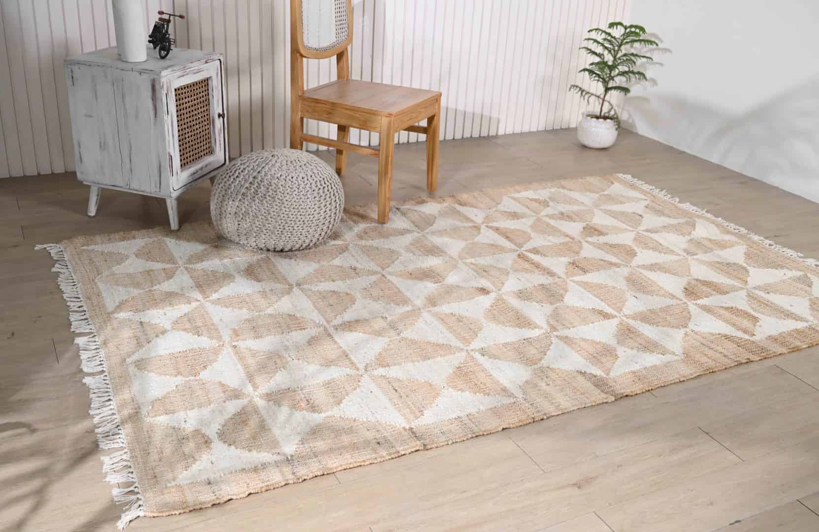 Natural Jute Fiber Cotton Hand Woven Bohemian Moroccan Inspired Rug Beige Jute Rug With Beige Pattern Decor Rug White Fringes Jute Rug For Living Home Rug  - Image 2