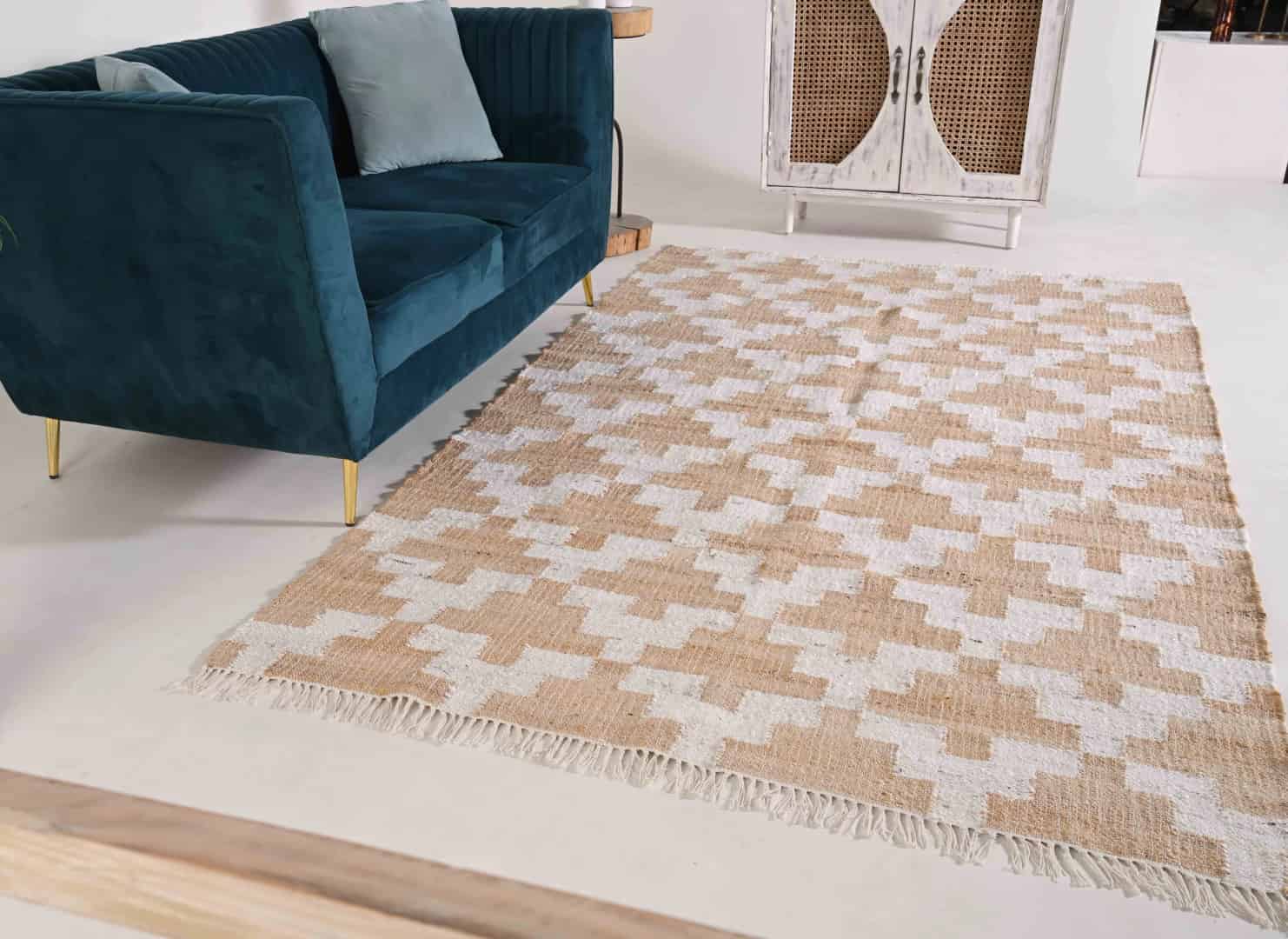 Natural Jute Fiber Cotton Hand Woven Bohemian Moroccan Inspired Rug Beige Jute Rug With Beige Pattern Decor Rug White Fringes Jute Rug For Living Home Rug  - Image 4