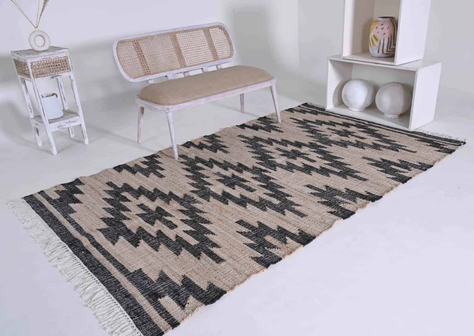 Cotton Jute Handmade Large Area Rug Beige Jute Rug With Black Design Rug Handwoven Bohemian Decor Inspired Boho Scandinavian Decor Rug Entryway Jute Rug  - Image 1