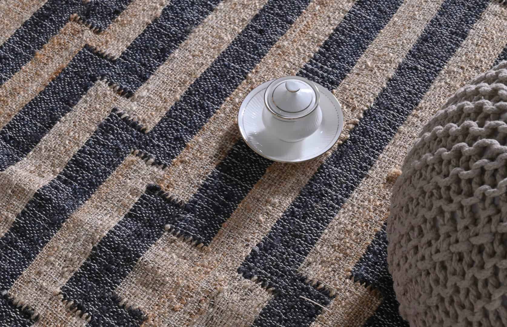 Indian Handwoven Beige Cotton Jute Rug With Black Stripes Line Decor Rug Bohemian Vintage Large Area Jute Rug White Fringes Jute Rug Home Decor Rug  - Image 7