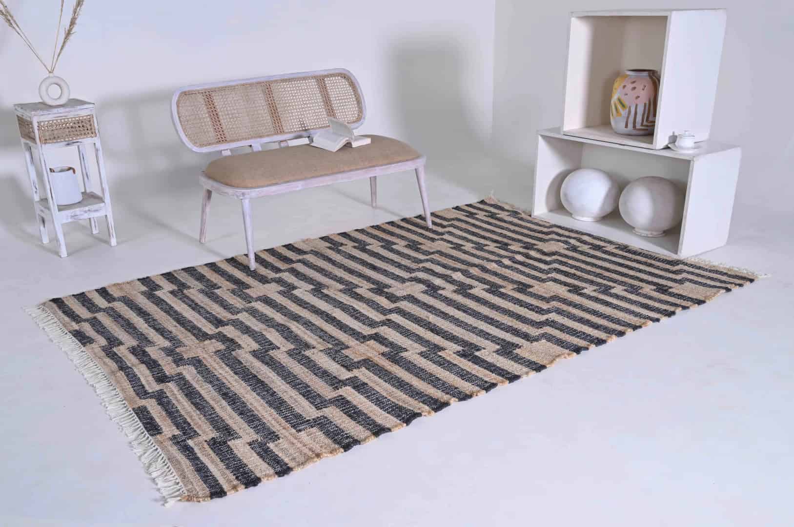 Indian Handwoven Beige Cotton Jute Rug With Black Stripes Line Decor Rug Bohemian Vintage Large Area Jute Rug White Fringes Jute Rug Home Decor Rug  - Image 2