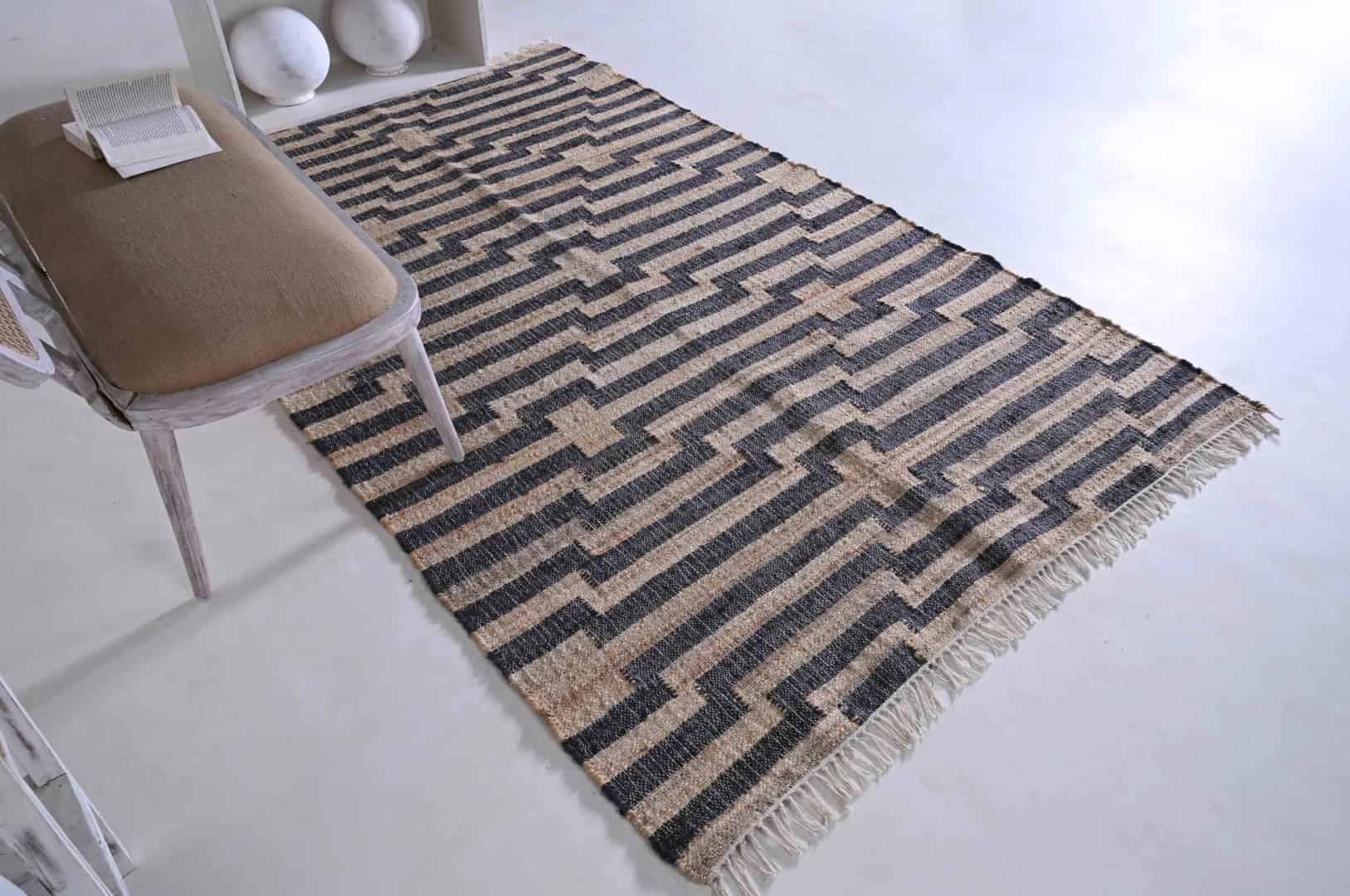 Indian Handwoven Beige Cotton Jute Rug With Black Stripes Line Decor Rug Bohemian Vintage Large Area Jute Rug White Fringes Jute Rug Home Decor Rug  - Image 1