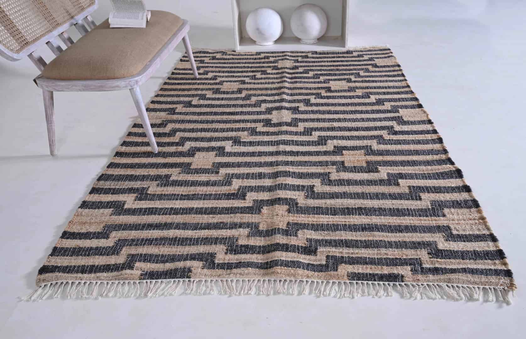 Indian Handwoven Beige Cotton Jute Rug With Black Stripes Line Decor Rug Bohemian Vintage Large Area Jute Rug White Fringes Jute Rug Home Decor Rug  - Image 4