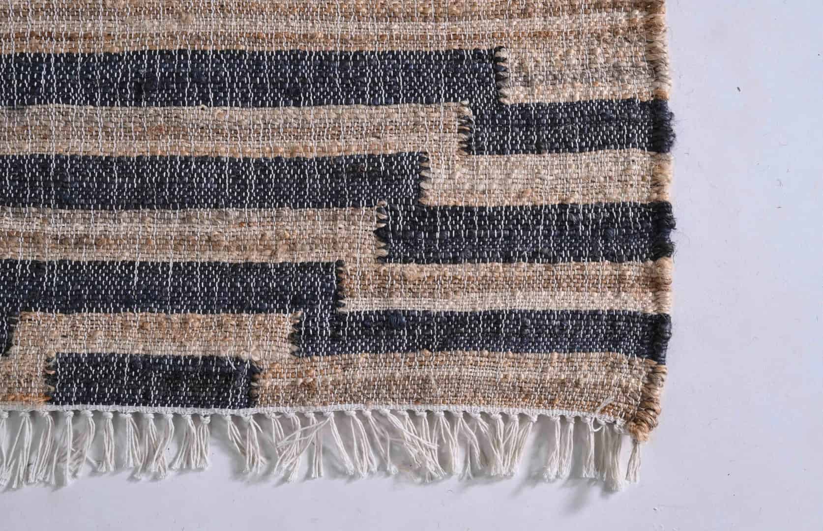 Indian Handwoven Beige Cotton Jute Rug With Black Stripes Line Decor Rug Bohemian Vintage Large Area Jute Rug White Fringes Jute Rug Home Decor Rug  - Image 3