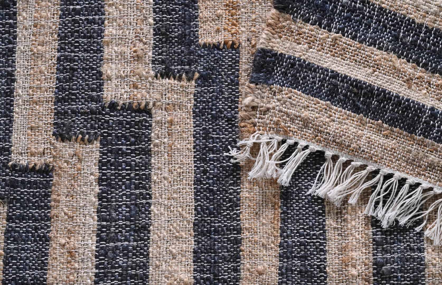 Indian Handwoven Beige Cotton Jute Rug With Black Stripes Line Decor Rug Bohemian Vintage Large Area Jute Rug White Fringes Jute Rug Home Decor Rug  - Image 5