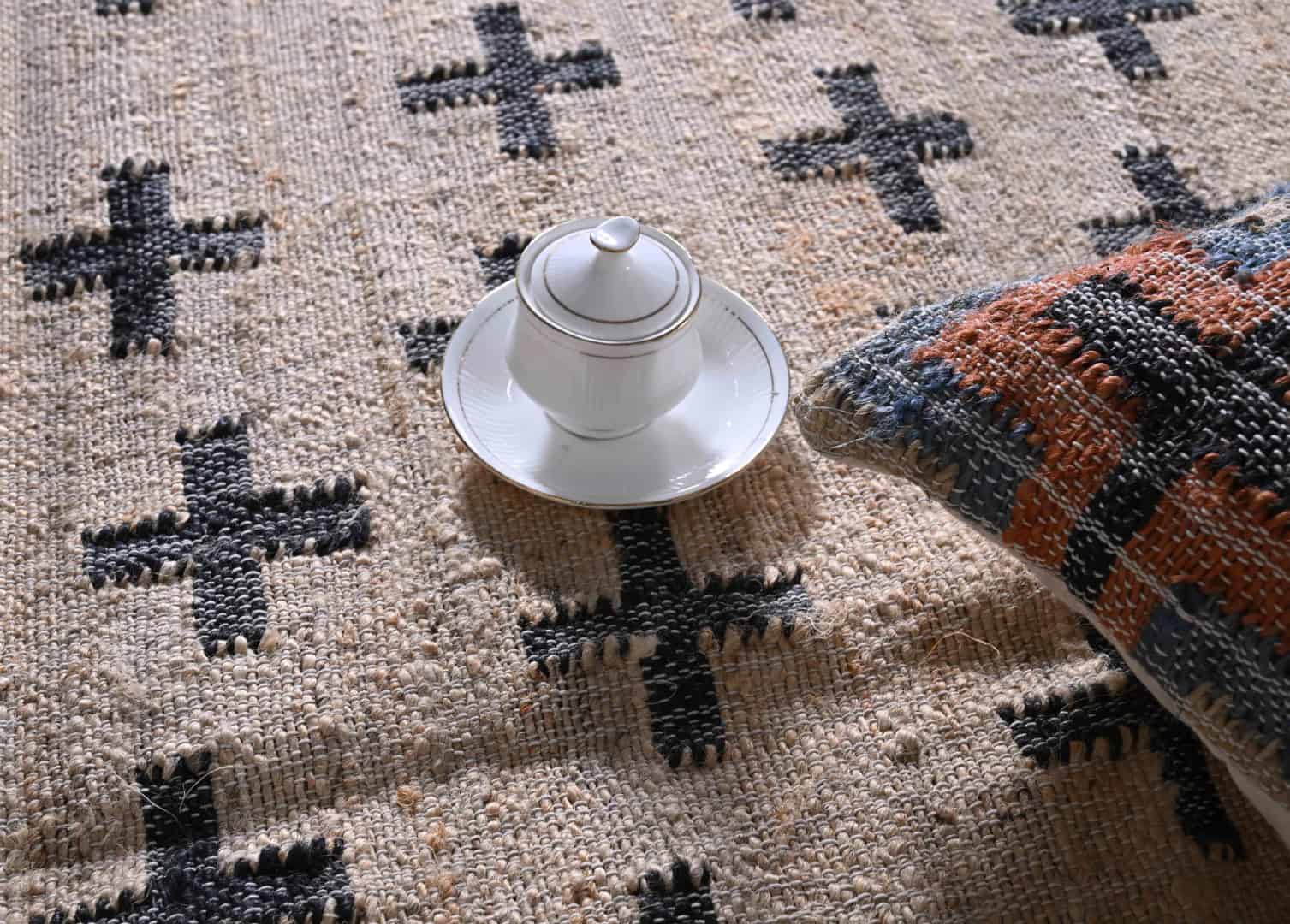 Natural Jute Fiber and Cotton With Black Plus Design Hand Woven Bohemian Moroccan Inspired Rug Vintage Jute Large Area Rug For Living Kitchen and Dining Table Decor Rug  - Image 7