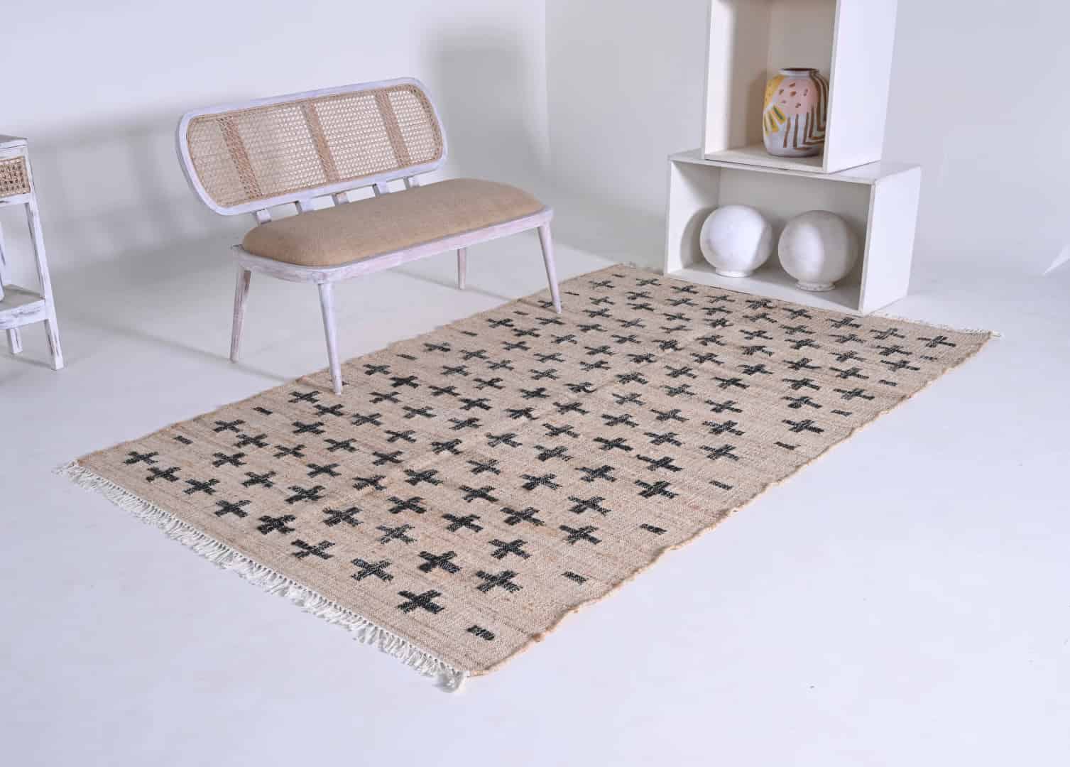 Natural Jute Fiber and Cotton With Black Plus Design Hand Woven Bohemian Moroccan Inspired Rug Vintage Jute Large Area Rug For Living Kitchen and Dining Table Decor Rug  - Image 3