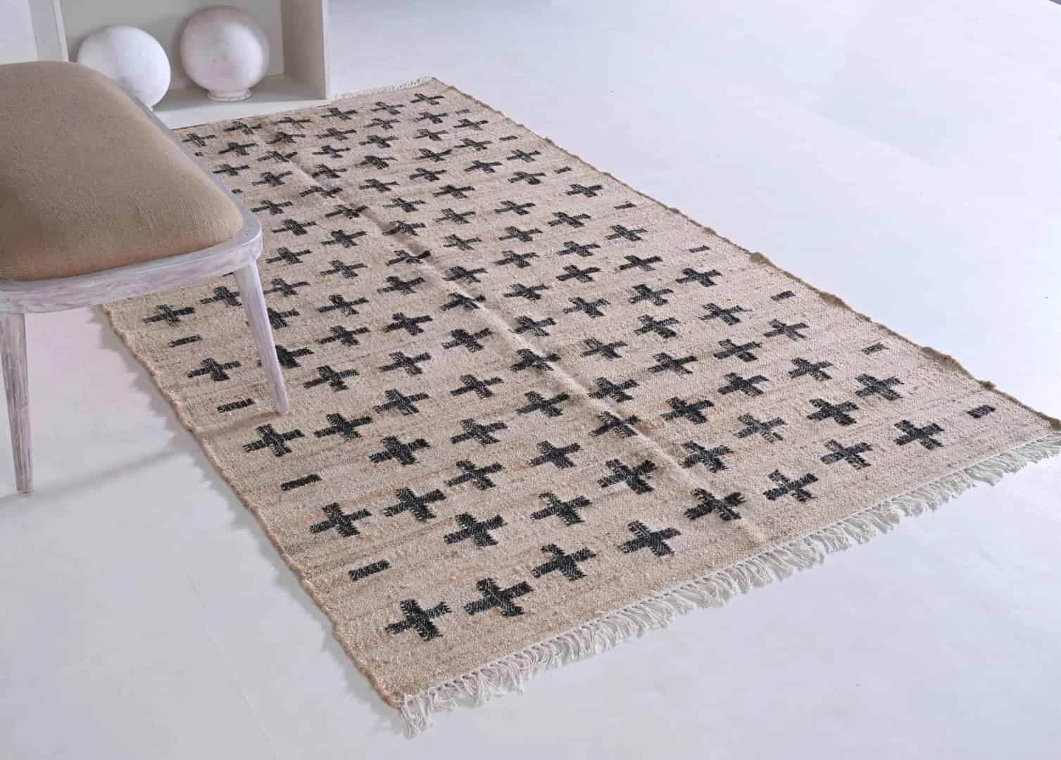 Natural Jute Fiber and Cotton With Black Plus Design Hand Woven Bohemian Moroccan Inspired Rug Vintage Jute Large Area Rug For Living Kitchen and Dining Table Decor Rug  - Image 1