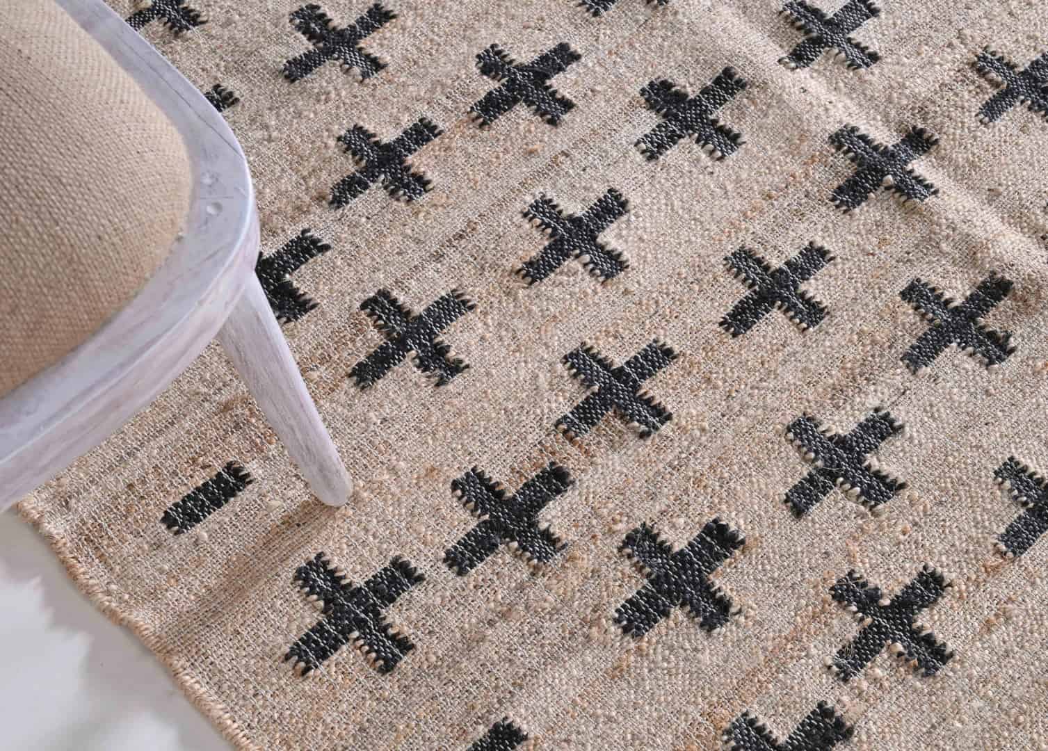 Natural Jute Fiber and Cotton With Black Plus Design Hand Woven Bohemian Moroccan Inspired Rug Vintage Jute Large Area Rug For Living Kitchen and Dining Table Decor Rug  - Image 4