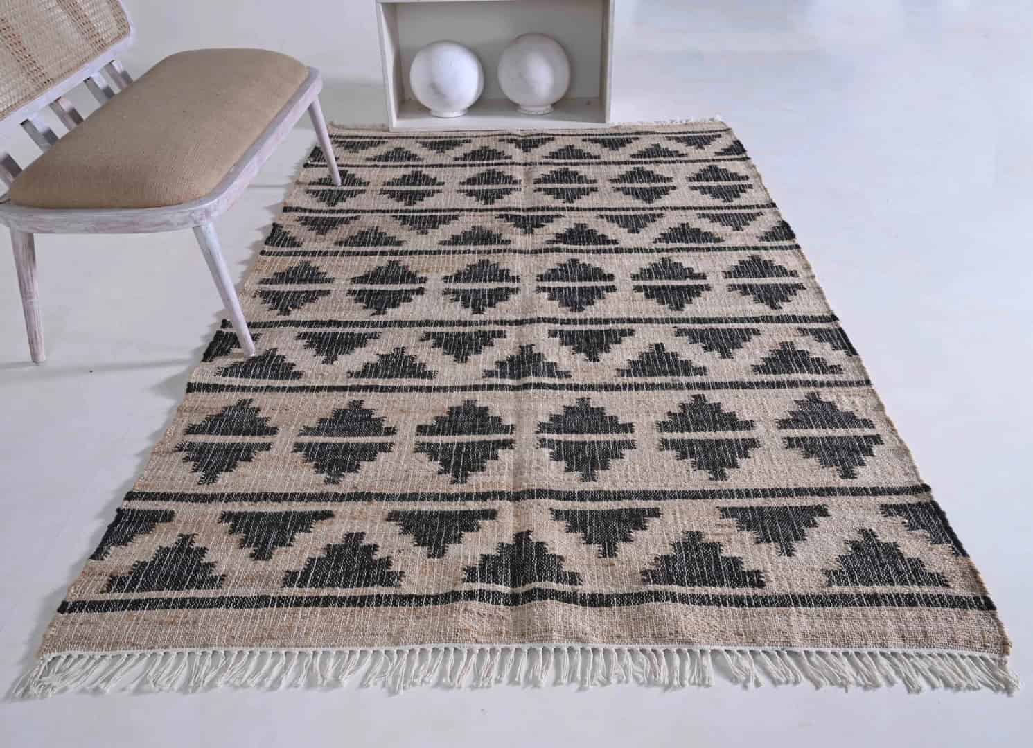 Natural Cotton Jute Moroccan Inspired Rug With Black Design Hand Woven Bohemian Decor Rug White Fringes Jute Rug Entryway Jute Rug and Dining Table Rug  - Image 2