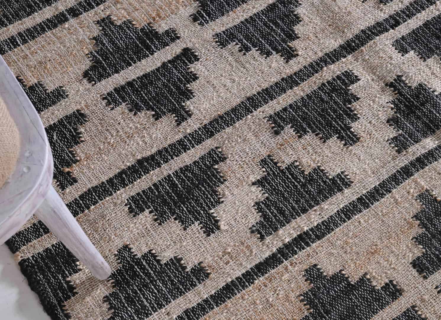 Natural Cotton Jute Moroccan Inspired Rug With Black Design Hand Woven Bohemian Decor Rug White Fringes Jute Rug Entryway Jute Rug and Dining Table Rug  - Image 5