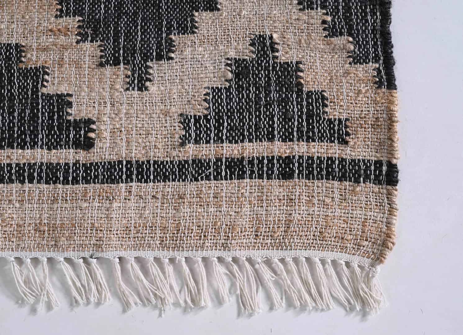 Natural Cotton Jute Moroccan Inspired Rug With Black Design Hand Woven Bohemian Decor Rug White Fringes Jute Rug Entryway Jute Rug and Dining Table Rug  - Image 3