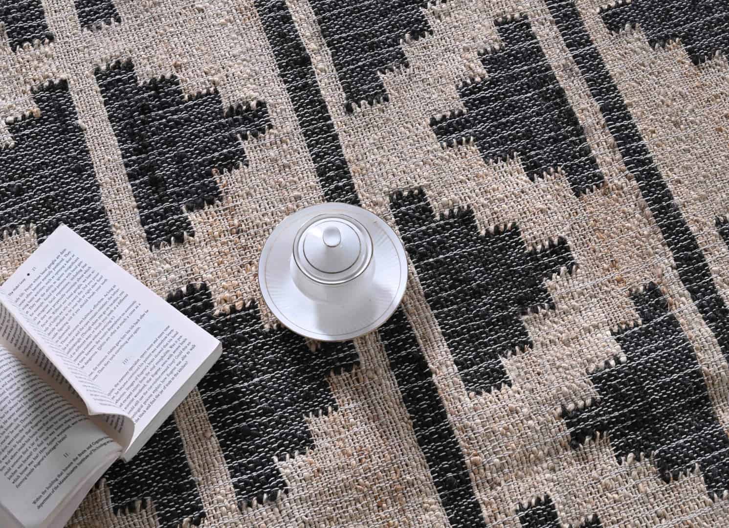 Natural Cotton Jute Moroccan Inspired Rug With Black Design Hand Woven Bohemian Decor Rug White Fringes Jute Rug Entryway Jute Rug and Dining Table Rug  - Image 6